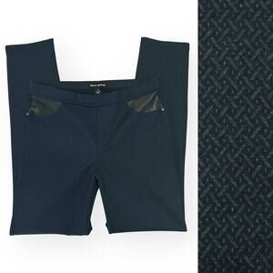 DKNY Pull On Ponte Pants Leather Navy Blue Diamond Lattice Work Career Medium